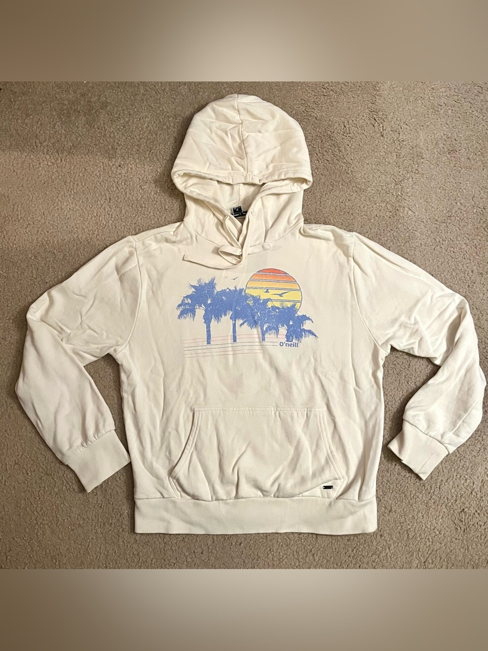 Vintage O’Neill White Surfer Summer Sweatshirt Hoodie Palm Tree Medium